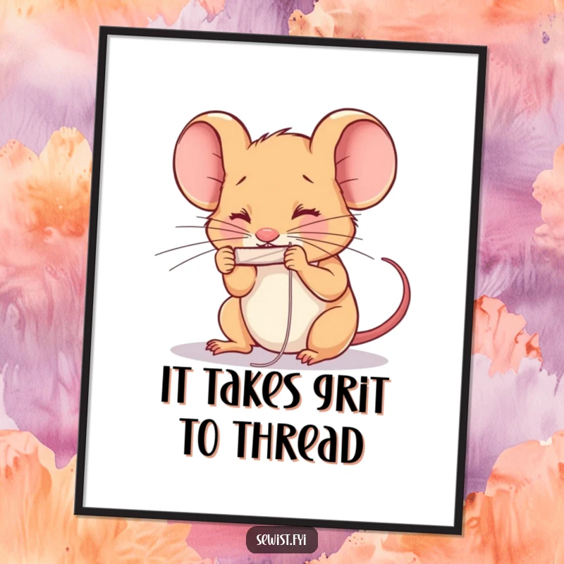 Funny Free Printable Wall Art of a determined mouse threading a needle with concentration, a unique piece of downloadable art.