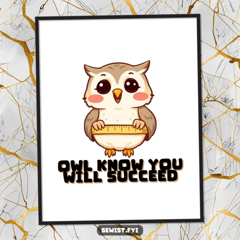 Funny Free Printable Owl Wall Art: A delighted owl meticulously measures fabric, embodying wisdom and precision in decor.