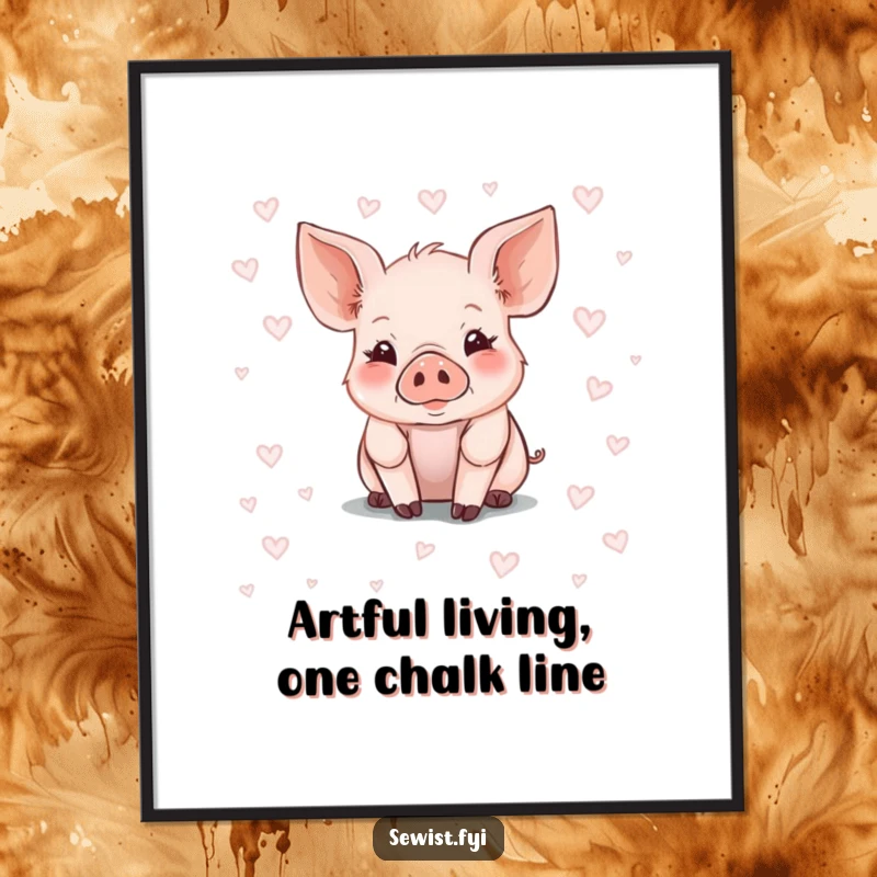 Funny Free Printable Wall Art: A content piglet concentrating intensely while drawing a chalk pattern onto fabric.