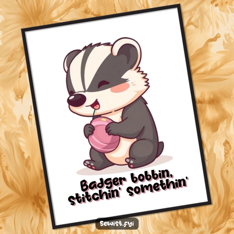 Funny Free Printable Wall Art: A cheeky badger spinning a bobbin with a happy, rhythmic motion, a charming piece of digital art.