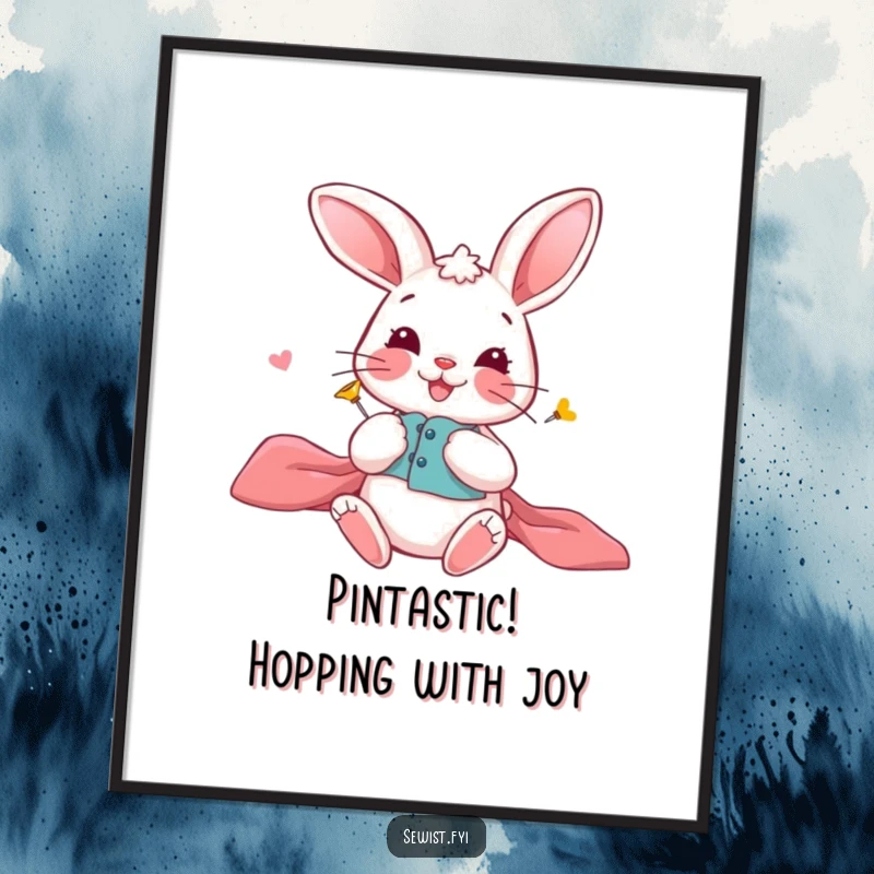 Funny free printable wall art: A playful, smiling bunny carefully pinning fabric pieces.