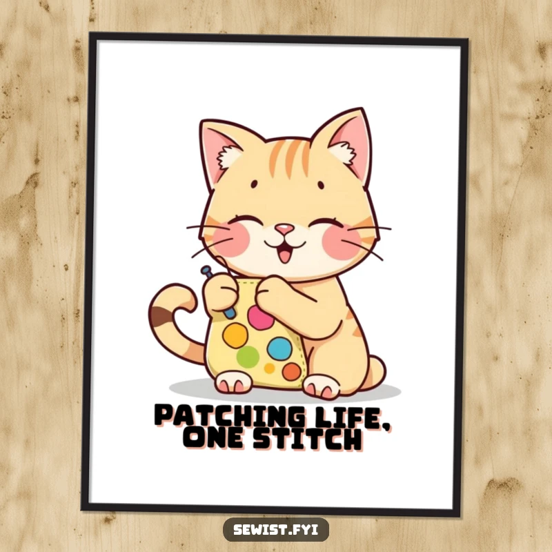 Funny Free Printable Wall Art: A cheerful cat character happily stitching a vibrant, colorful patch onto a fabric surface.