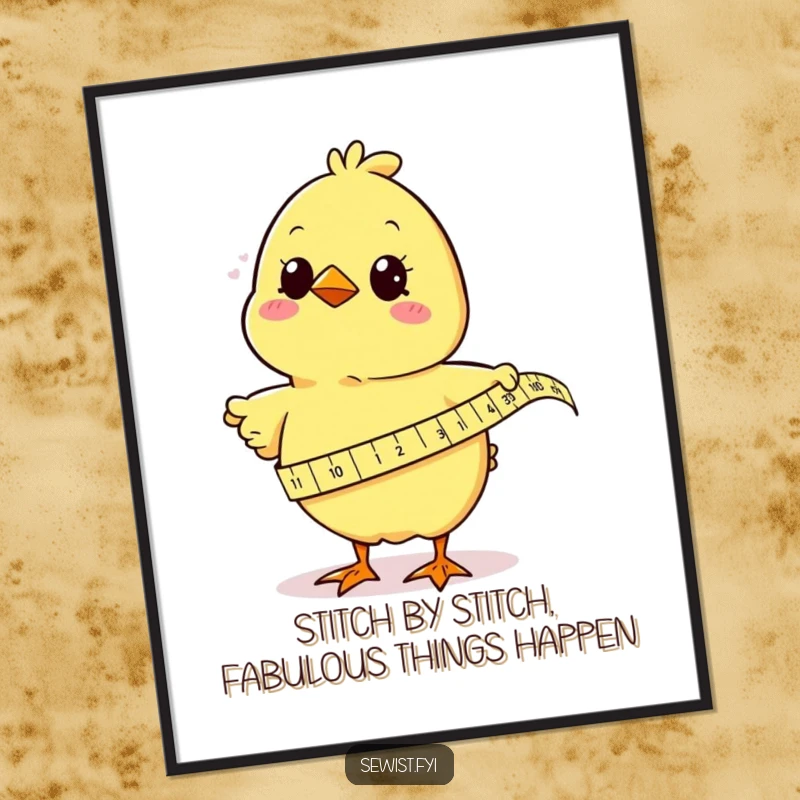 Funny Free Printable Wall Art: A cheerful chick uses a tape measure to humorously gauge the size of something unseen.