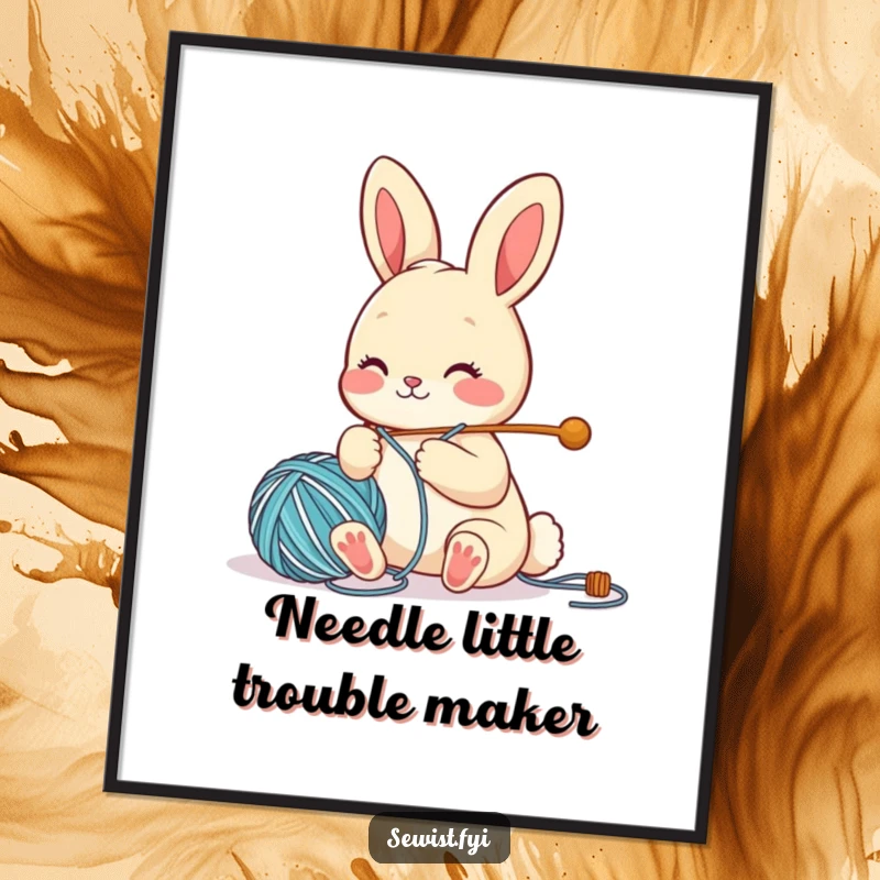 Funny Free Printable Wall Art: A cute bunny character happily threading a large needle with yarn, creating a whimsical scene.