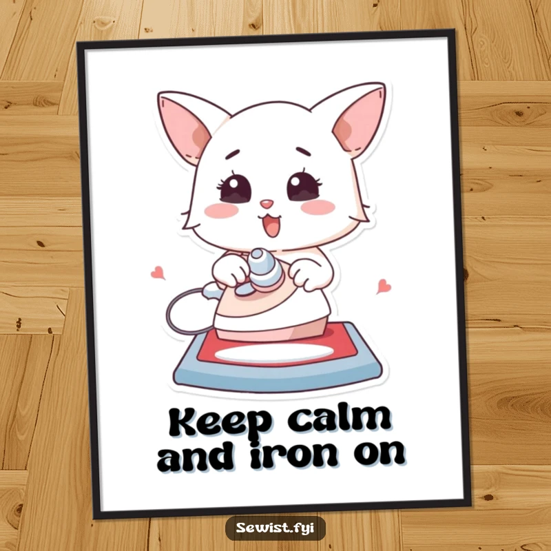 Funny Free Printable Wall Art: Character enthusiastically ironing a creation flat, showing dedication and a passion for perfection.