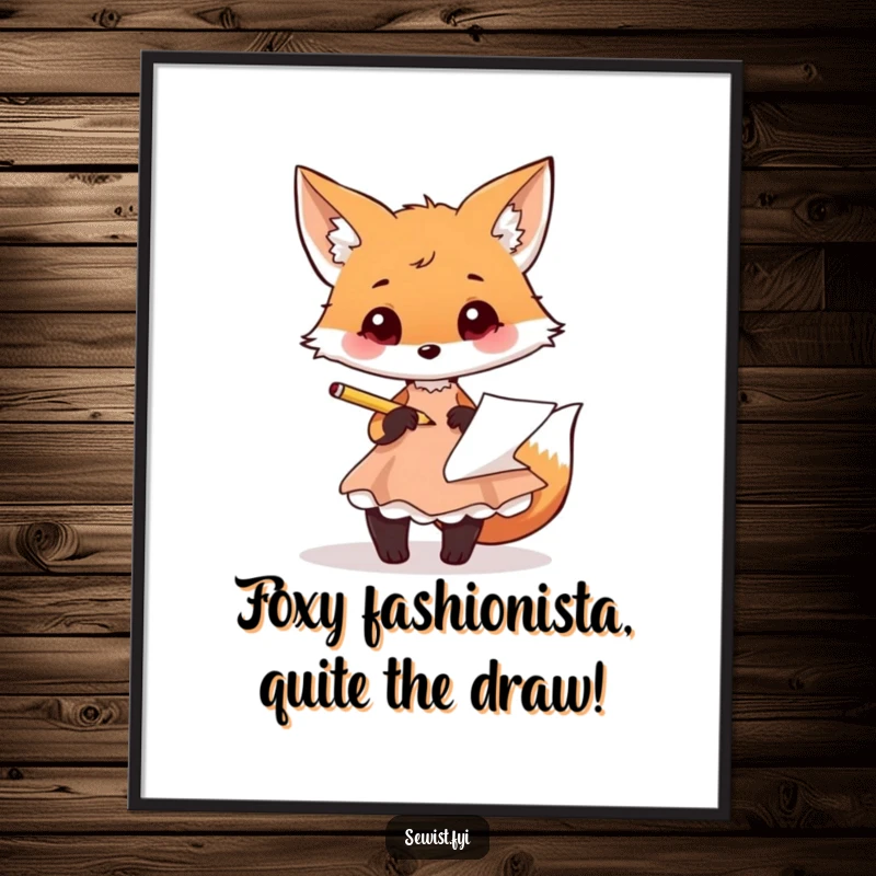 Funny Free Printable Wall Art: A playful fox sketching a stylish dress design with a pencil, radiating creative energy.