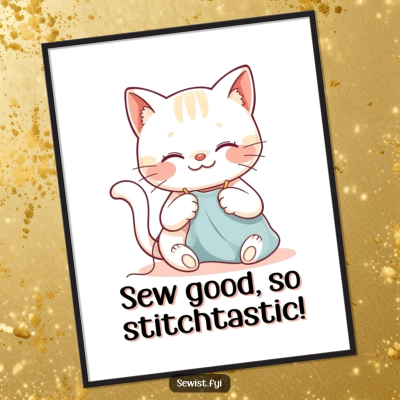 Funny Free Printable Wall Art: A happy cat focused on sewing with a needle and thread, a smile on its face.