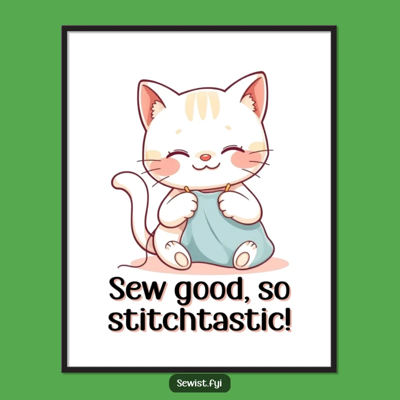 Free Printable Wall Art: Happy Cat Sewing Smile Funny Downloadable Decor