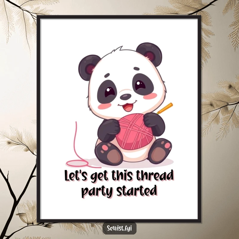 Funny Free Printable Wall Art: Playful panda enthusiastically spinning a bobbin of bright, multi-colored thread.