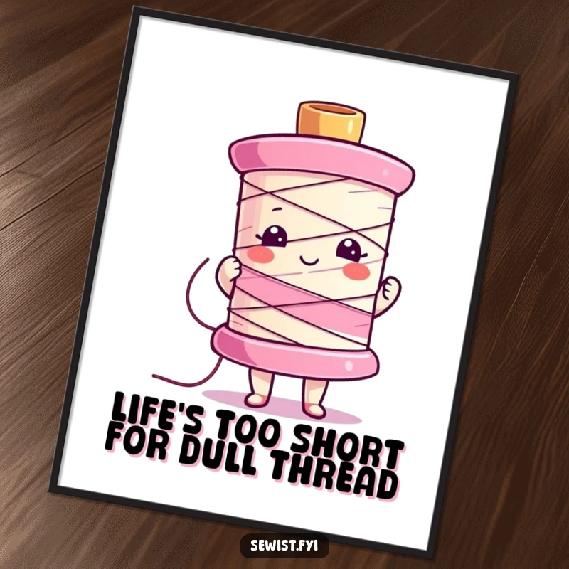 Funny Free Printable Wall Art: A character gleefully showcasing a large, colorful sewing spool, adding a touch of quirky charm.