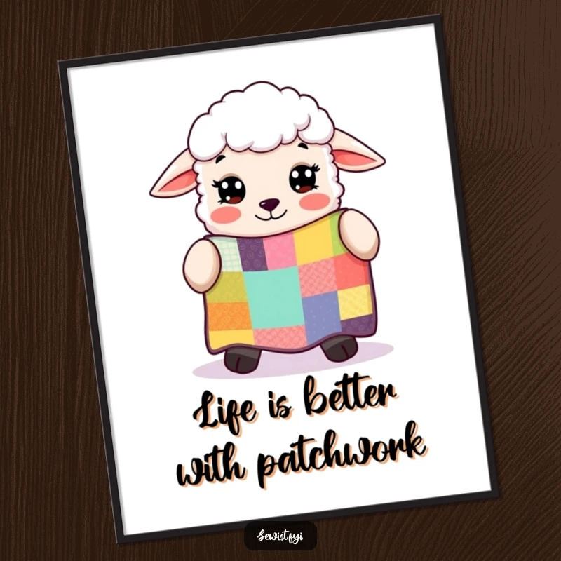 Funny Free Printable Wall Art: A happy sheep stares lovingly at an intricate and colorful patchwork quilt.