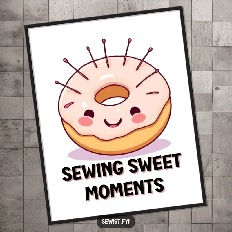 Funny Free Printable Wall Art: A cheerful donut with sewing needles sticking playfully out of its frosting, ready to create.