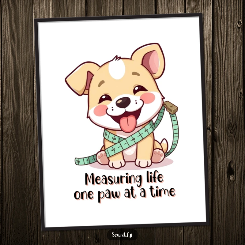 Funny Free Printable Wall Art: A happy dog playfully measuring fabric with a tape measure, its tongue sticking out with adorable concentration.