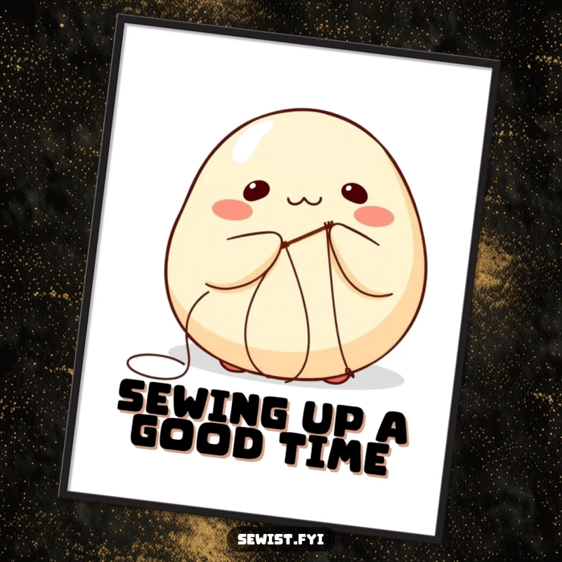 Funny Free Printable Wall Art: A round dumpling comically tries to stitch itself with a needle and thread.