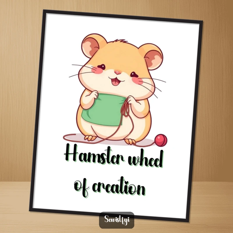 Funny Free Printable Wall Art: Beaming hamster concentrating on sewing with needle and thread, charming craft room decor, downloadable.