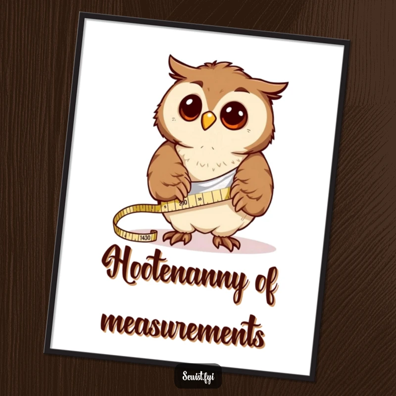 Funny Free Printable Wall Art: Curious owl using a tape measure on cloth, precise and humorous, perfect for craft room decor.