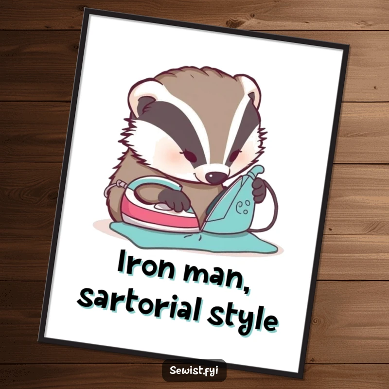 Funny Free Printable Wall Art: A detailed badger intently irons a seam flat, offering meticulous, humorous home decor.