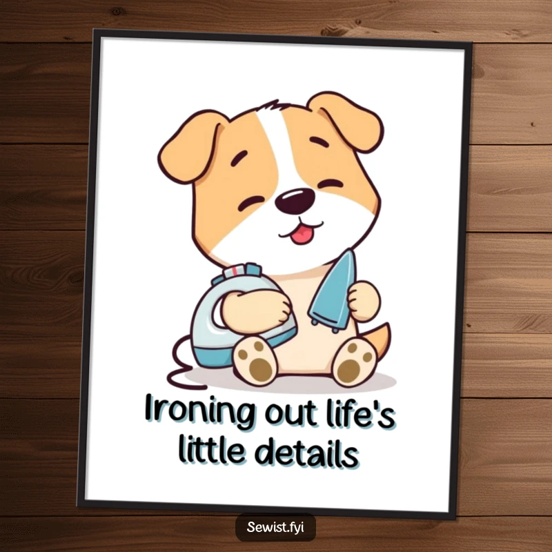 Funny Free Printable Wall Art: A contented dog character focuses intently on ironing a tiny seam with a mini iron.