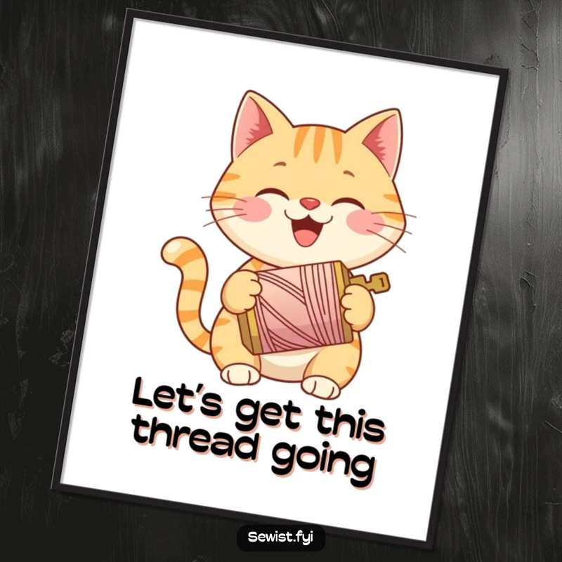 Funny Free Printable Wall Art: Happy Cat Smiling and Holding a Bright Spool of Thread, Crafty Theme, Downloadable Decor.