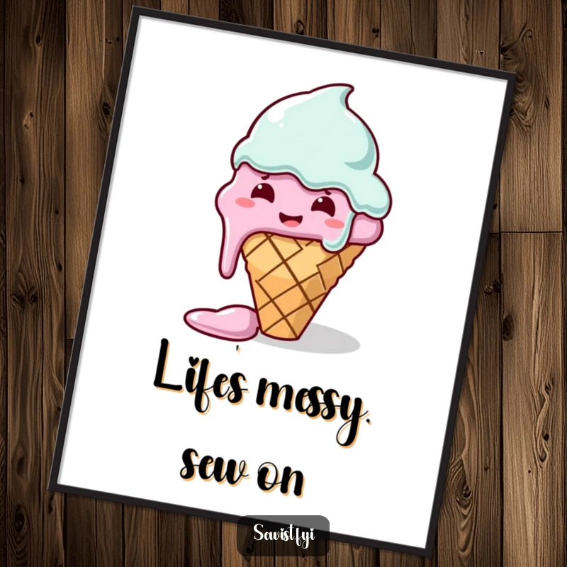 Funny Free Printable Wall Art: A melting ice cream cone hilariously ineptly sews a straight line, with thread everywhere.