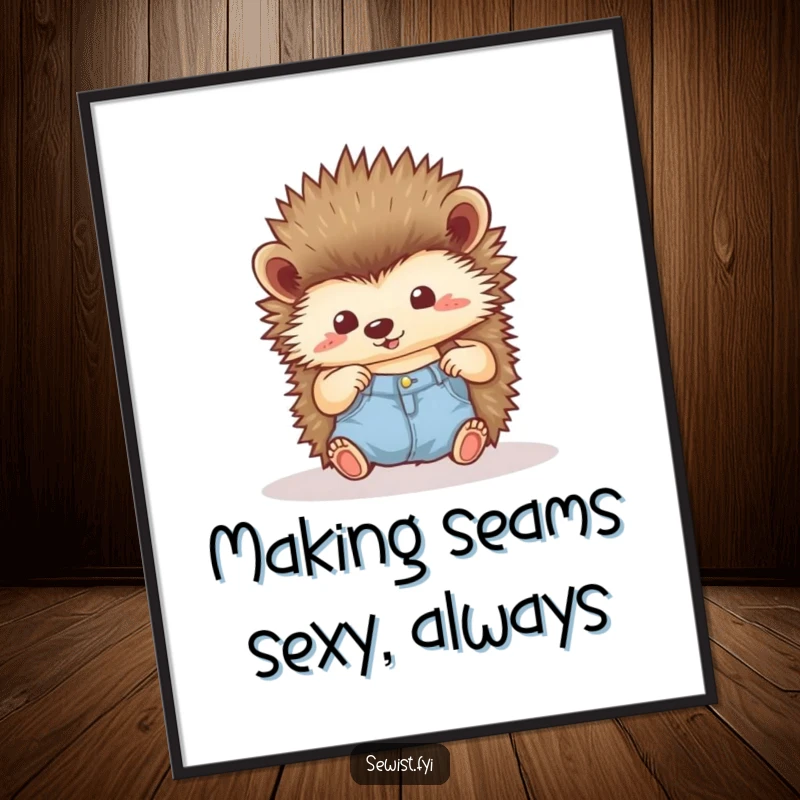 Funny Free Printable Wall Art: Little hedgehog admiring a perfectly hemmed seam with immense pride and joy.
