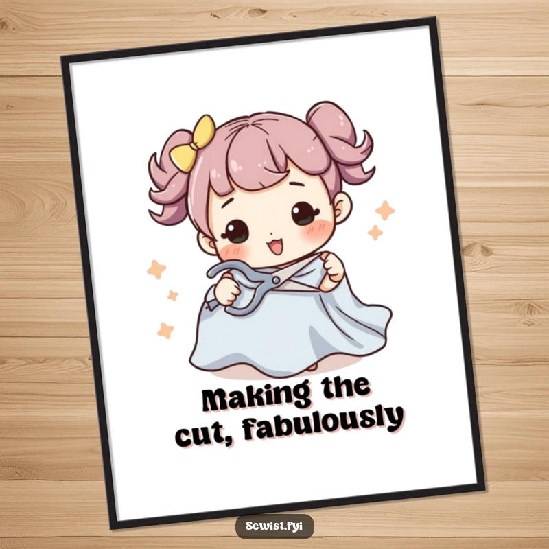 Funny Free Printable wall art: a character expertly cuts fabric with scissors, showcasing crafting skills, DIY decor.