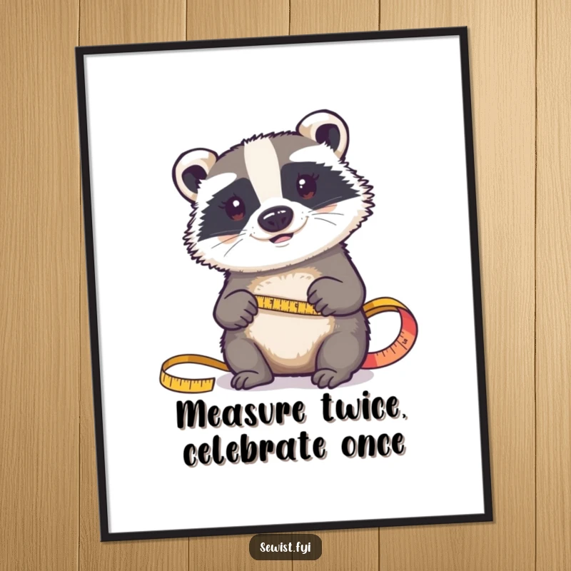 Funny Free Printable Wall Art: A determined badger is intently measuring a piece of fabric with a tape measure.