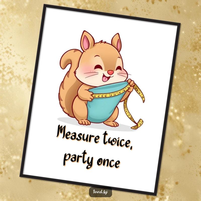 Funny Free Printable Wall Art depicting a meticulous squirrel tailor measuring fabric with a tiny tape measure, adding a whimsical touch.