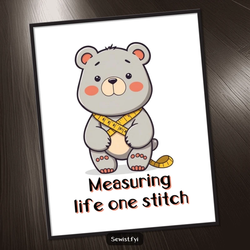 Funny Free Printable Wall Art of a determined bear measuring fabric with a tape measure, a unique and inspiring piece of downloadable art.