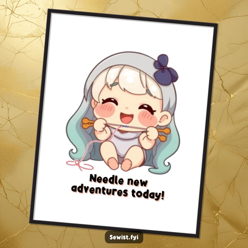 Funny free printable wall art: A character with a joyful smile, meticulously threading a needle with great focus.