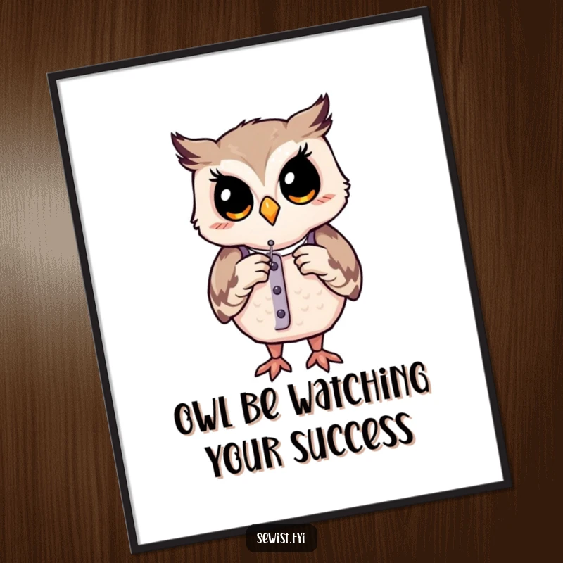 Funny Free Printable Wall Art: A serene owl intently adjusts a miniature dress form with a sewing needle.