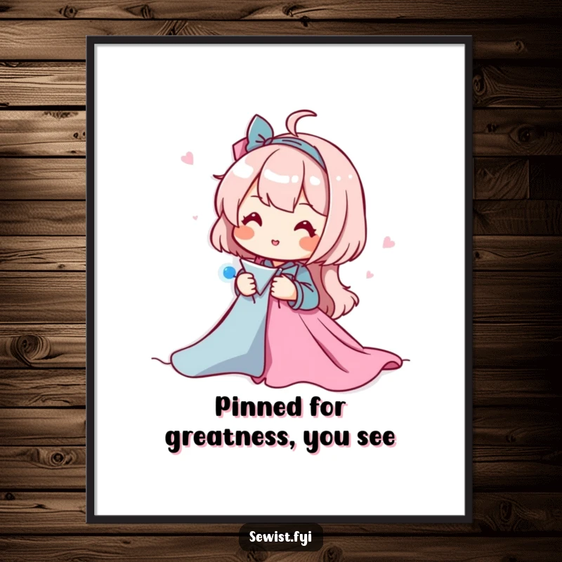 Funny Free Printable wall art: a character happily pins fabric pieces together, showcasing creativity, DIY decor.