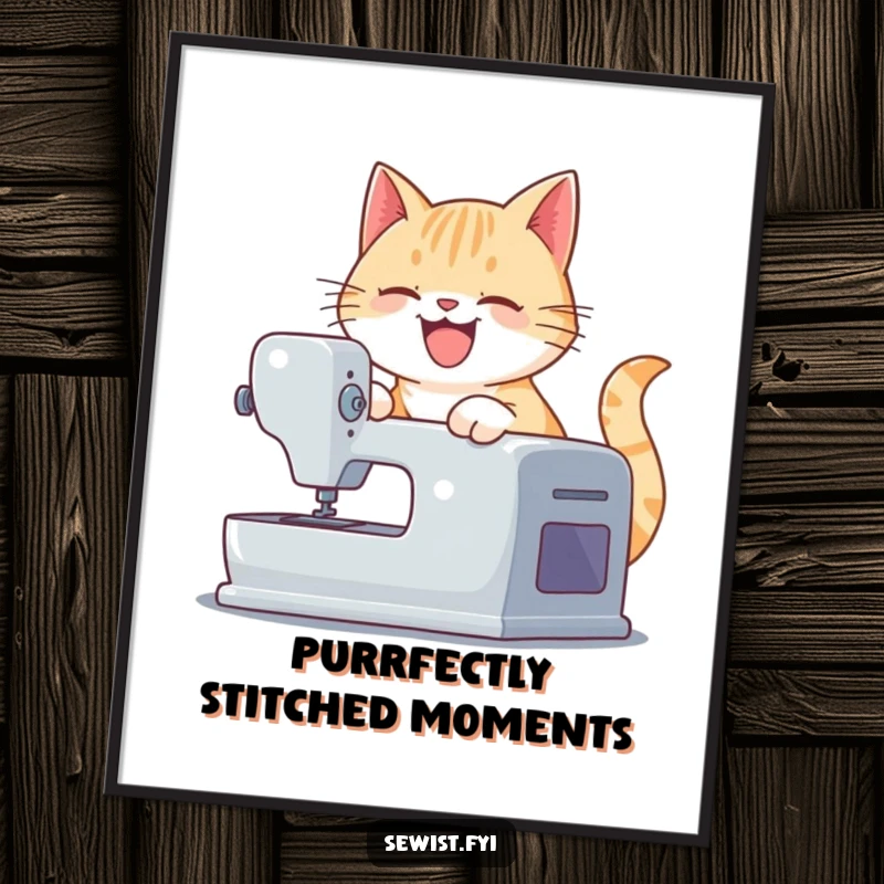 Funny Free Printable Wall Art: A playful cat with a wide grin, skillfully operating a sewing machine.
