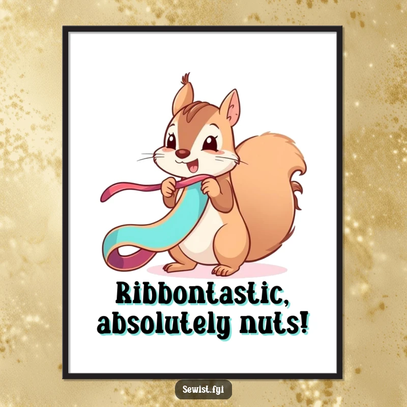 Funny Free Printable Wall Art: Mischievous squirrel unfurling a vibrant ribbon with a flourish, energetic and funny decor, downloadable.