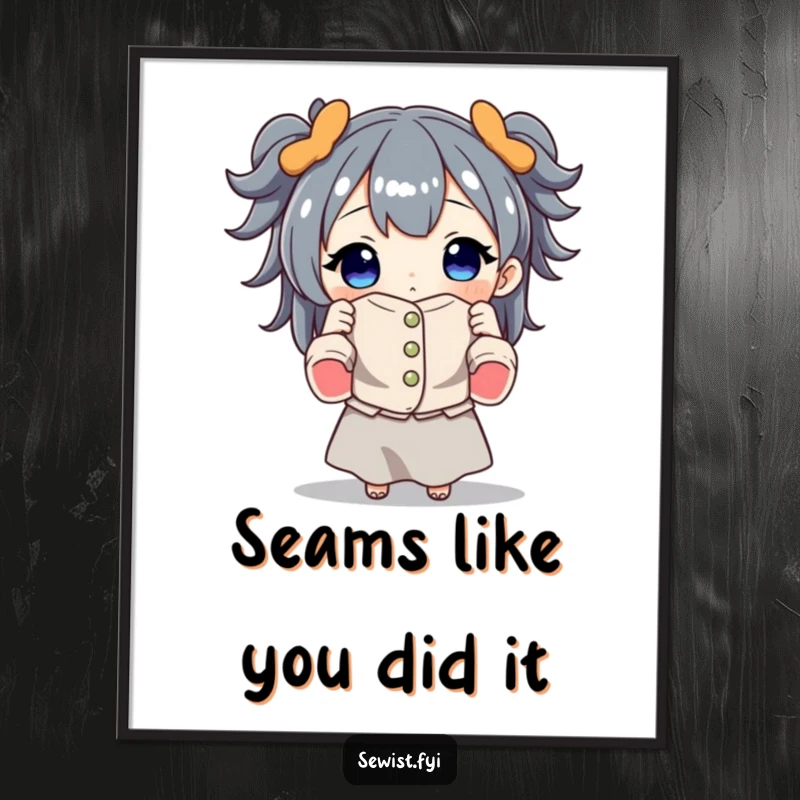 Funny Free Printable wall art: a character proudly displays a sewn garment, humorous DIY decor for crafters.