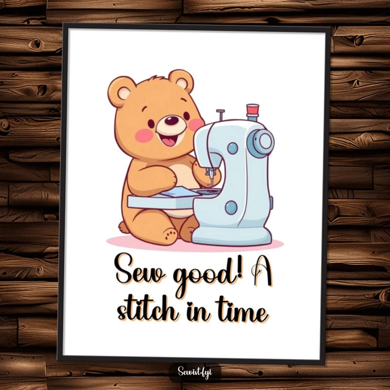 Funny free printable wall art: A joyful bear skillfully operating a sewing machine.