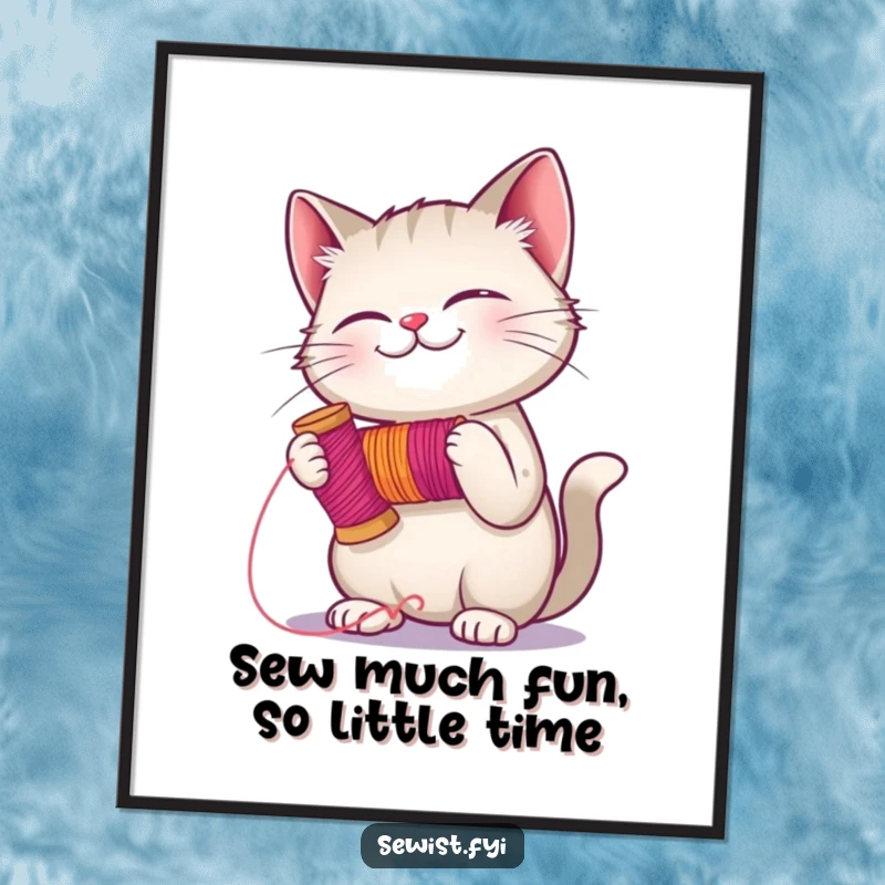 Funny Free Printable Wall Art: A giggling cat gleefully holds a spool of colorful thread, ready to sew.