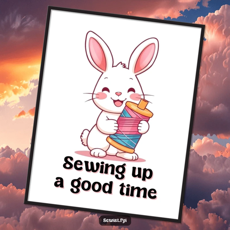 Funny Free Printable Wall Art: A cheerful rabbit holding a brightly colored spool of thread, a charming decorative piece.