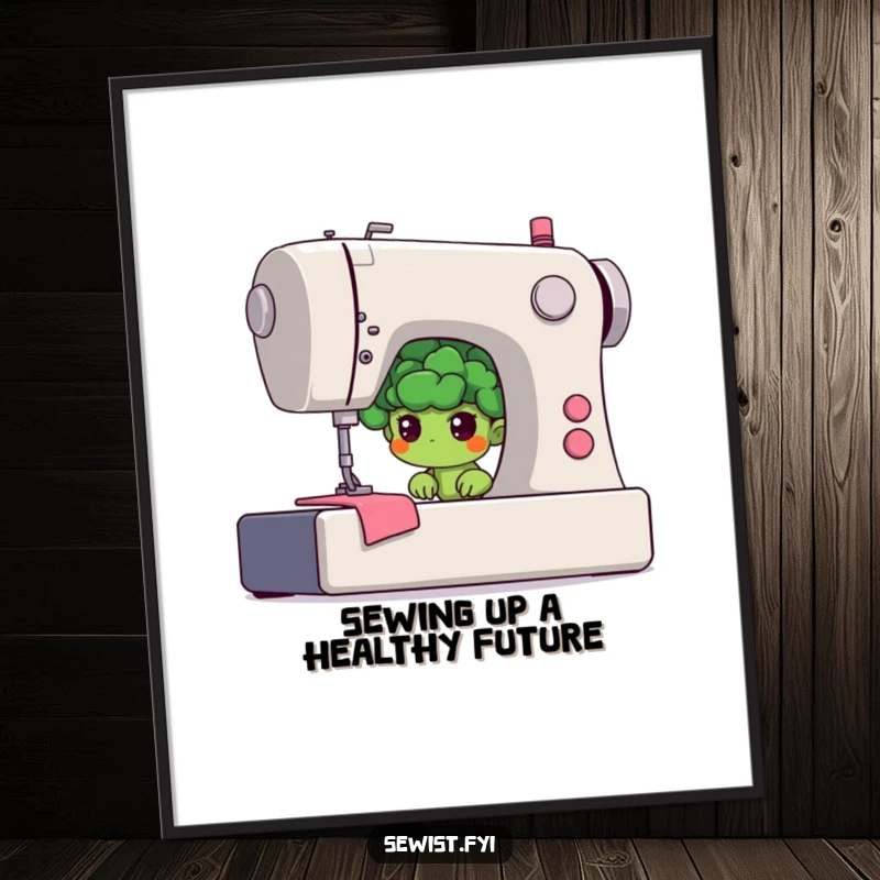 Funny Free Printable Wall Art: Shy broccoli floret hiding behind a giant sewing machine with a determined look, quirky downloadable art.