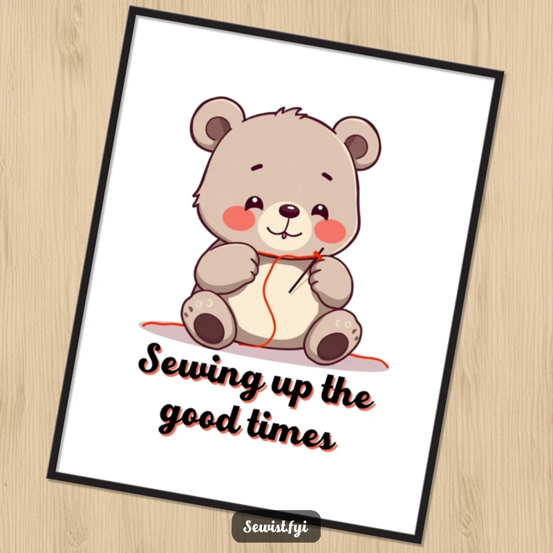 Funny Free Printable Wall Art: A cheerful bear carefully threading a needle with a bright red thread, showcasing focus and skill.