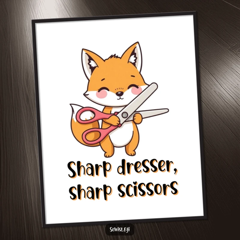 Funny Free Printable Wall Art: A playful fox character is energetically cutting a piece of fabric with huge novelty scissors.