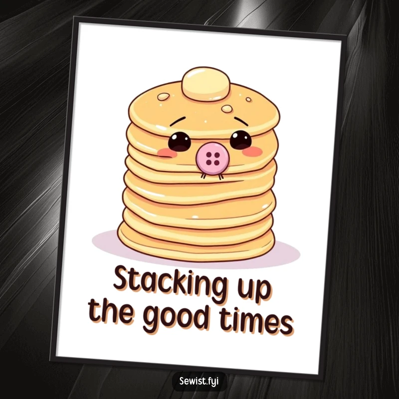 Funny Free Printable Wall Art: A wobbly stack of pancakes humorously sewing a giant button onto itself, quirky downloadable art.