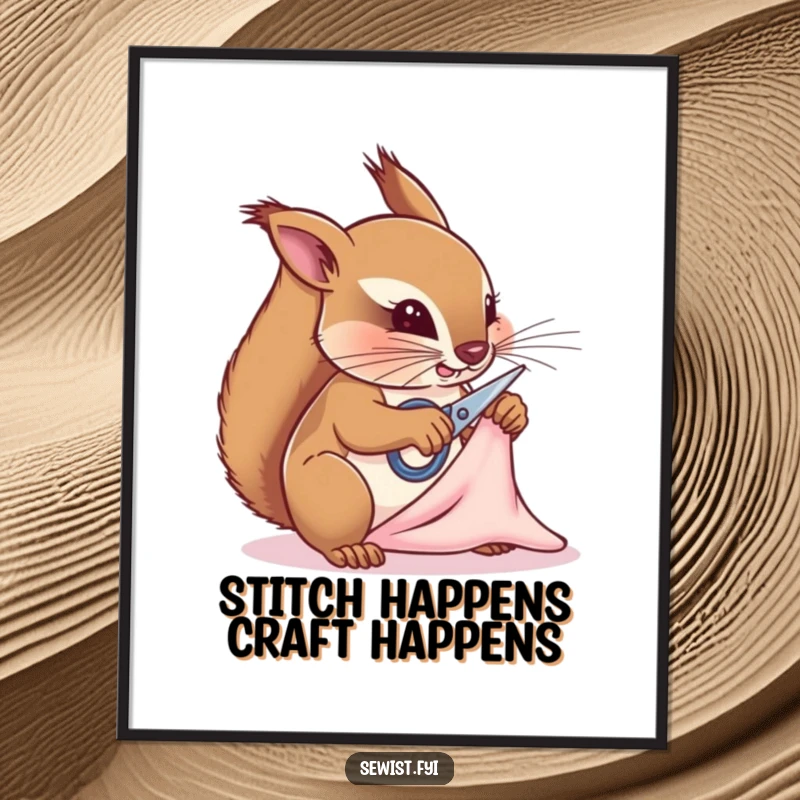 Funny Free Printable Wall Art: Determined squirrel with tiny scissors, meticulously snipping fabric for a humorous decor piece.