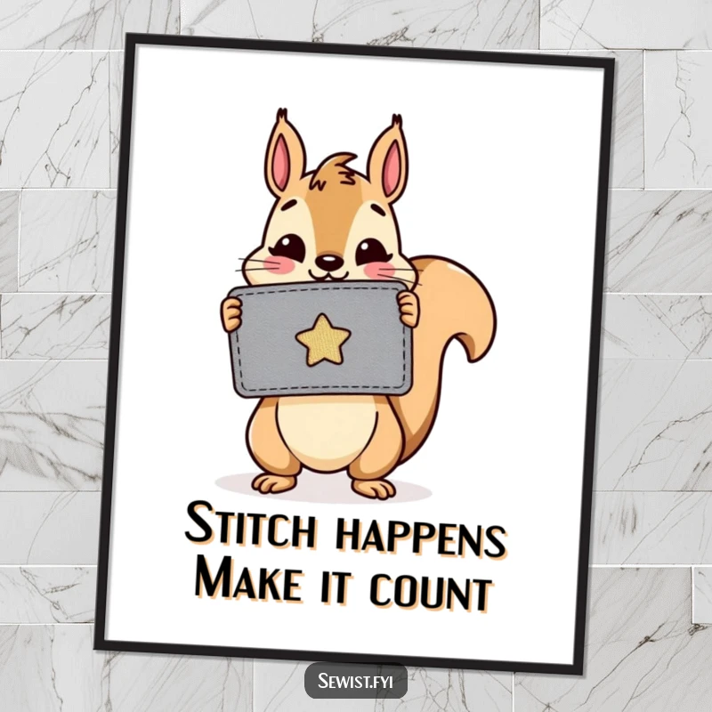 Funny Free Printable Wall Art: A cheerful squirrel proudly presents a brand new, intricately sewn patch.