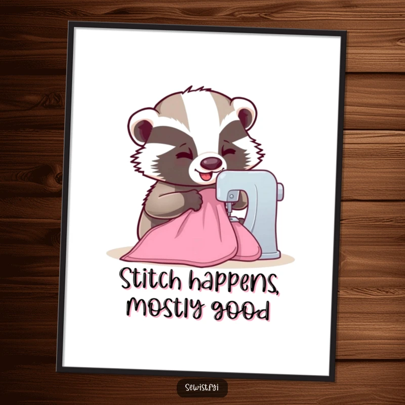 Funny Free Printable Wall Art: Adorable badger focused on sewing, perfect for a craft room or kitchen.