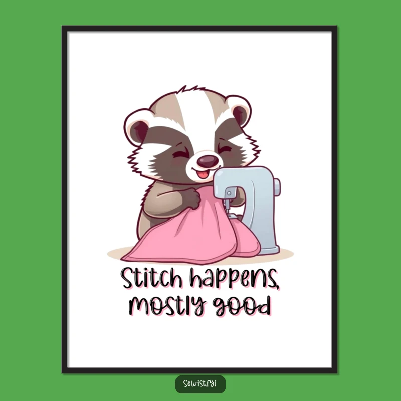 Free Printable Wall Art: Funny Badger at Sewing Machine Decor, DIY Gift