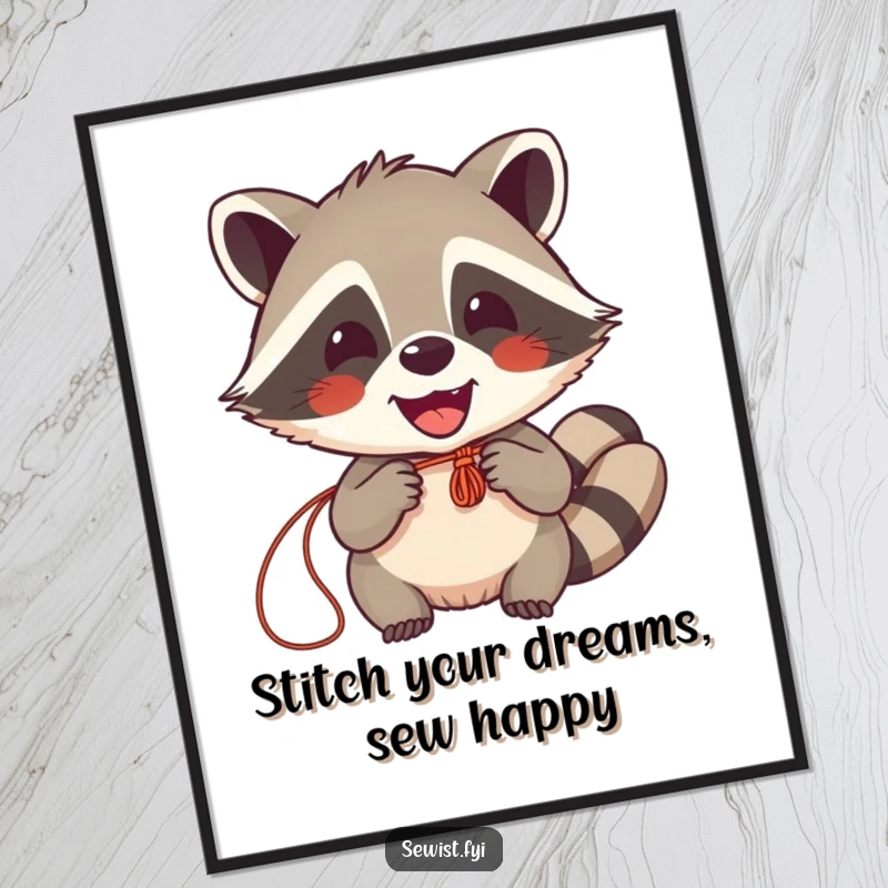 Funny Free Printable Wall Art: Delighted raccoon beaming while sewing fabric, perfect DIY home decor.