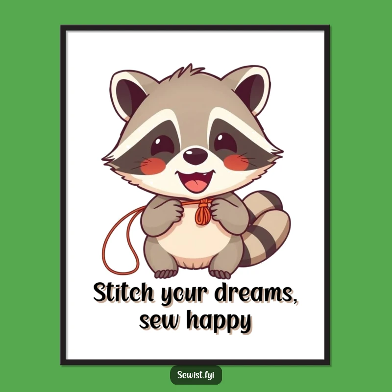 Free Printable Wall Art: Delighted Raccoon Seamster - Funny Downloadable Home Decor