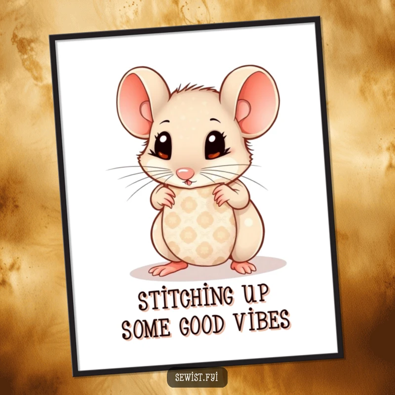 Funny Free Printable Wall Art: Curious mouse with wide eyes inspecting a patterned fabric swatch, delightful decor.