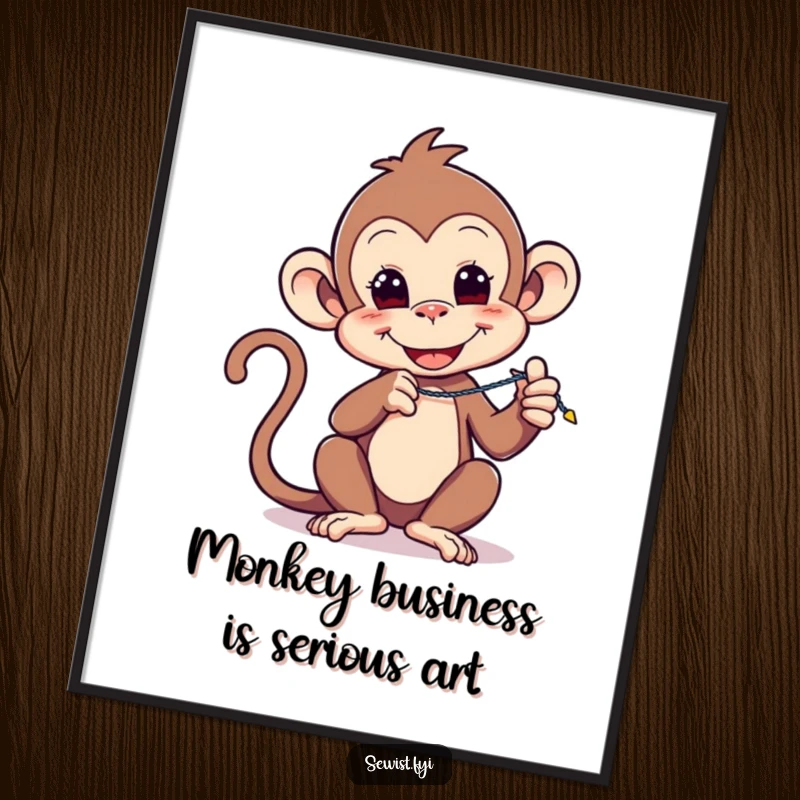 Funny Free Printable Wall Art: A playful monkey is in the process of demonstrating a perfect zigzag stitch.